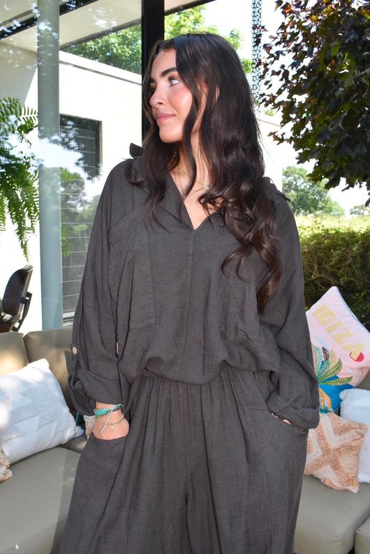 Sandbar Linen Blend Pop Over Shirt Chocolate